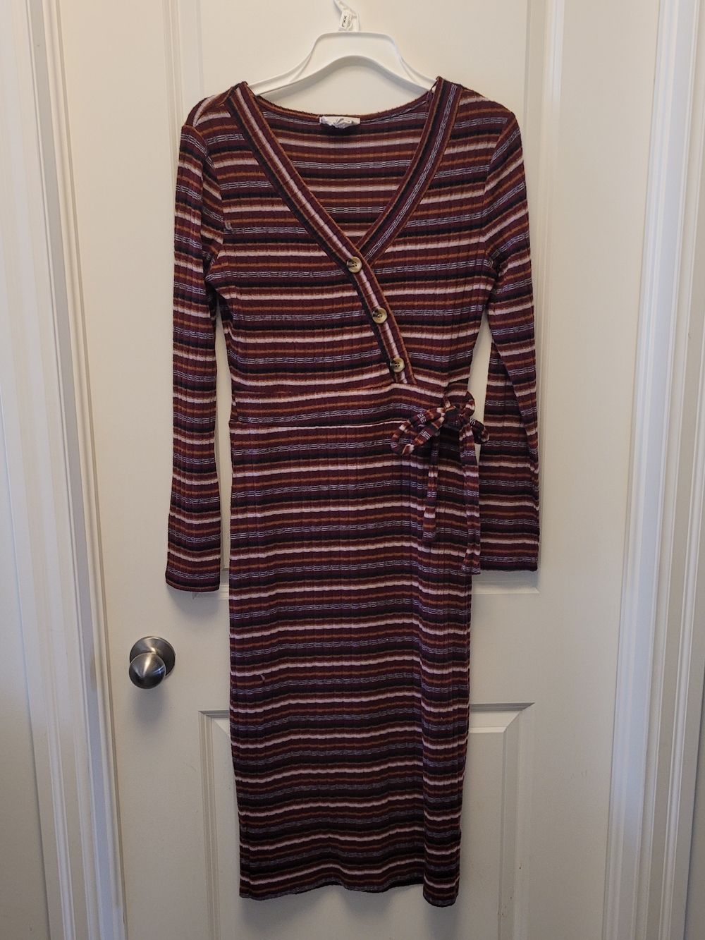 Olive & Oak Striped Wrap Midi Dress Long Sleeve Tie Waist Boho Medium